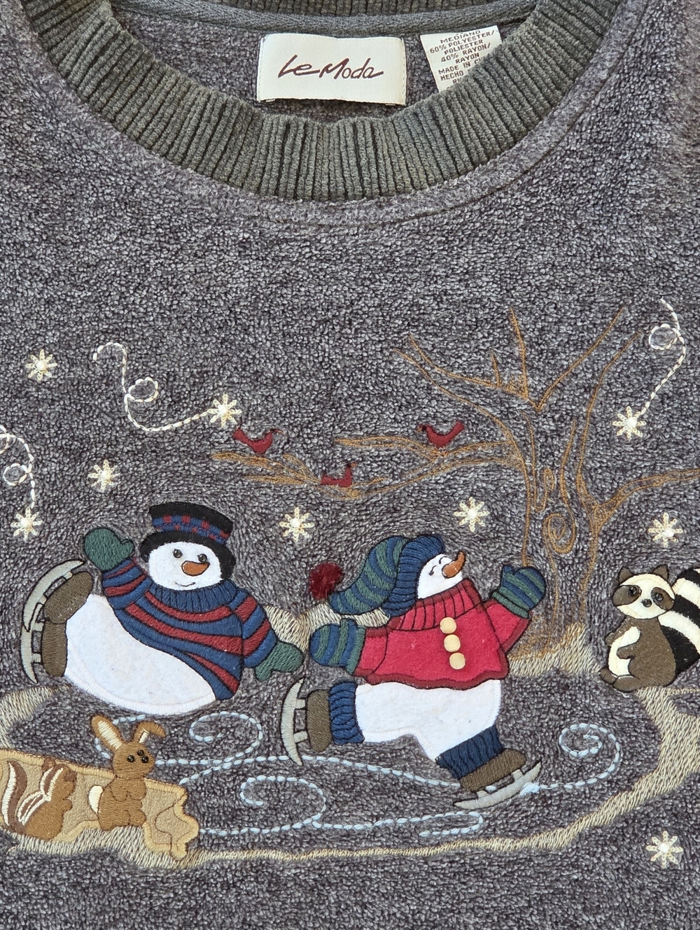 LeModa Ugly Christmas Sweater Embroidered Snowmen Raccoon Fleece M VTG Y2K EUC